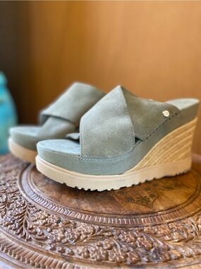 UGG Crisscross Suede Wedge Sandals in Sage Green